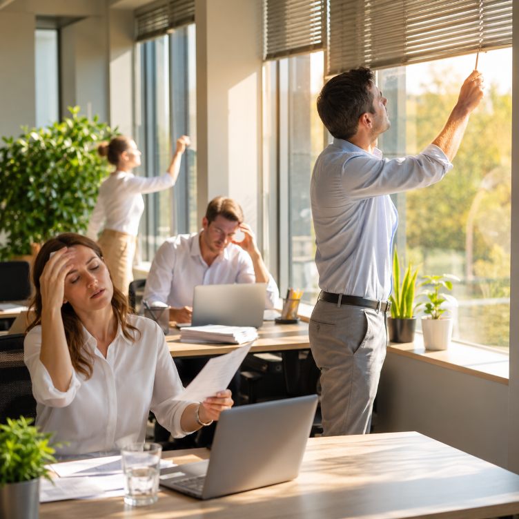 Mitarbeiter schließen Sonnenschutz im Büro